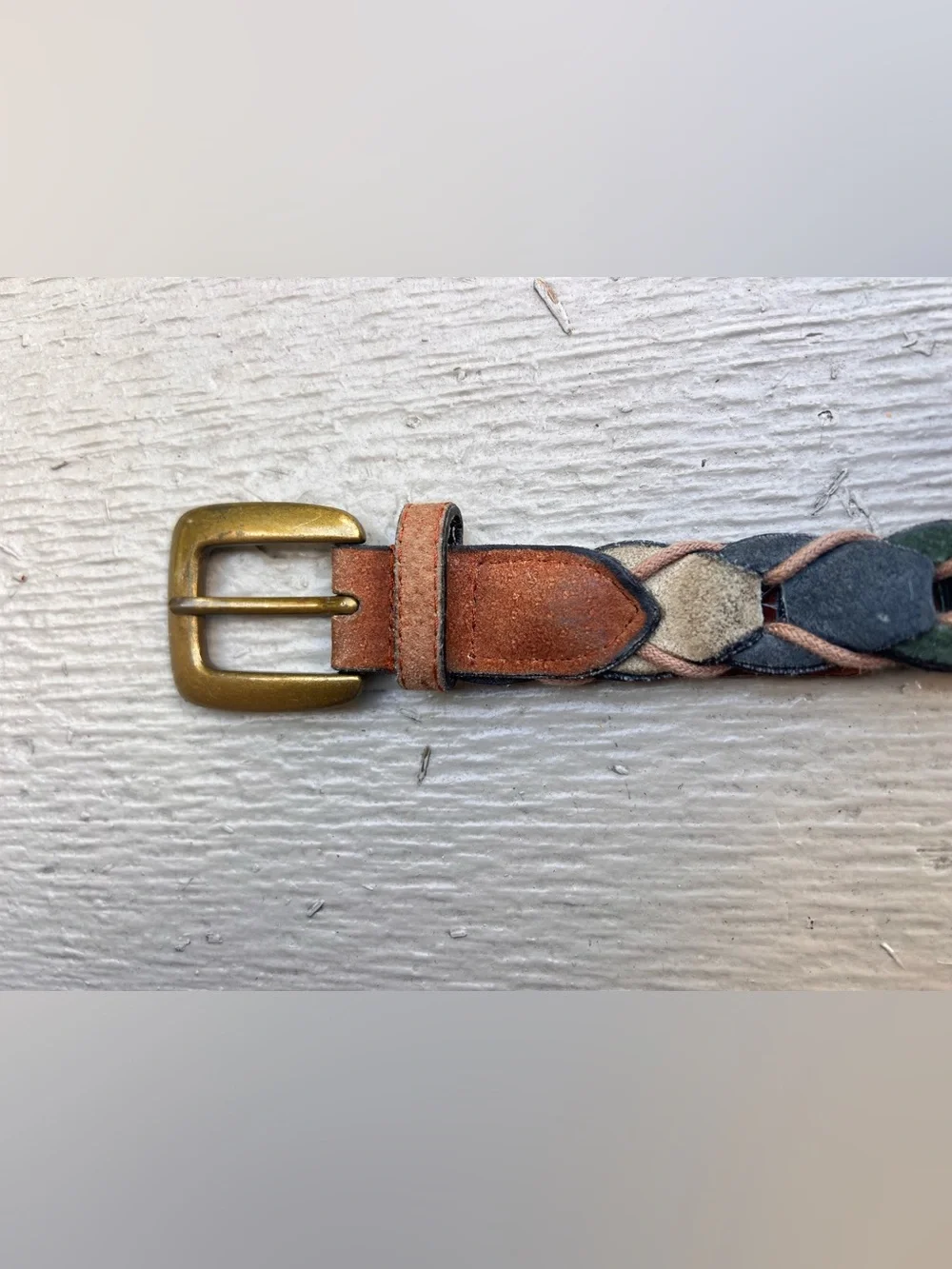 Vintage Multicolor Patchwork Leather Braided Belt Boho Western Brass Buckle 40”